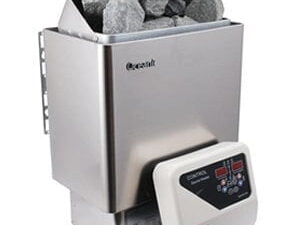 calentador de sauna oceanic, equipada con una considerable cantidad de piedras apiladas sobre ella