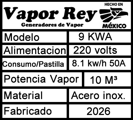 Datos técnicos del generador de vapor de 9 kW Vapor Rey