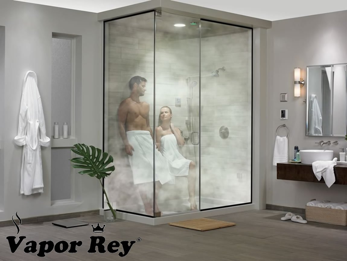 Cabina residencial para baño de vapor en casa equipada con sistema Vapor Rey.